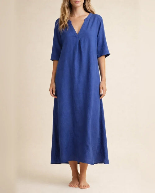 Women's Summer Explosion Both Sides Slit V-neck Solid Color Dress Seven-quarter Sleeve Pressed Pleated Cotton Linen Dresses | JRSEE:f5f9724a-1bee-4c99-a10c-98fe6b560849