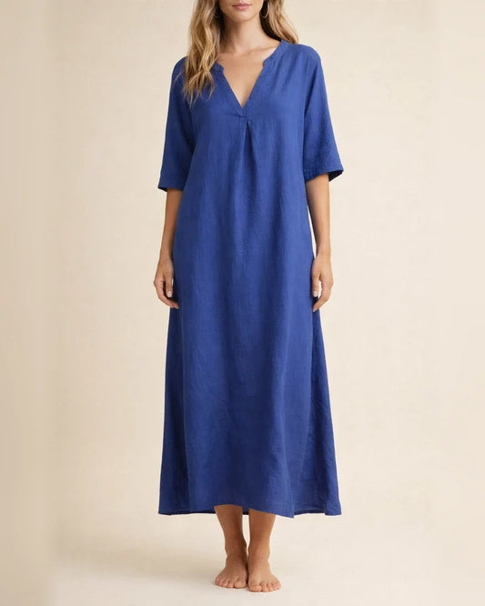Women's Summer Explosion Both Sides Slit V-neck Solid Color Dress Seven-quarter Sleeve Pressed Pleated Cotton Linen Dresses | JRSEE:f5f9724a-1bee-4c99-a10c-98fe6b560849