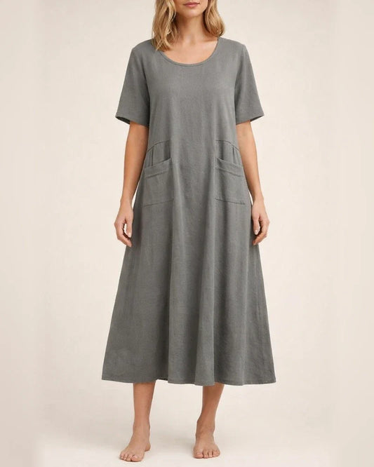 Women's Summer Loose Casual Cotton and Linen Solid Color Round Neck Short-sleeved Mid-length Dresses | JRSEE:14345af4-07bc-455a-997f-49829c49e576