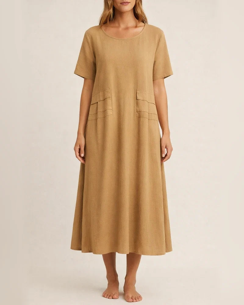 Women's Summer Loose Casual Cotton and Linen Solid Color Round Neck Short-sleeved Mid-length Dresses | JRSEE:ee08bf14-3336-404e-8ac8-e716696a253b