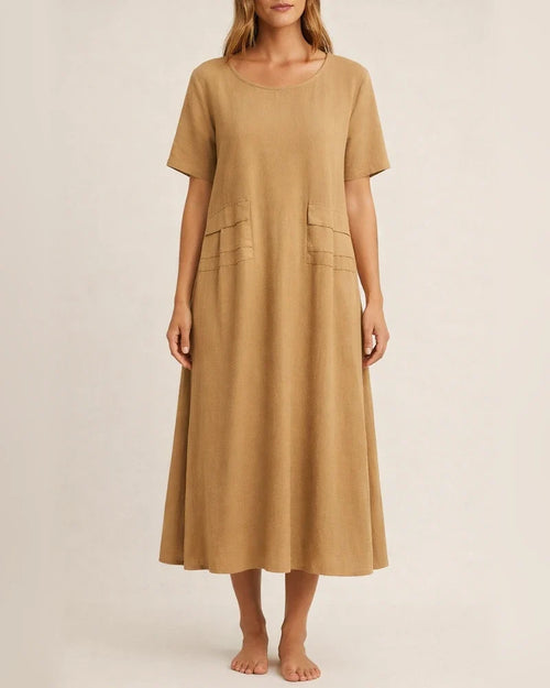 Women's Summer Loose Casual Cotton and Linen Solid Color Round Neck Short-sleeved Mid-length Dresses | JRSEE:ee08bf14-3336-404e-8ac8-e716696a253b