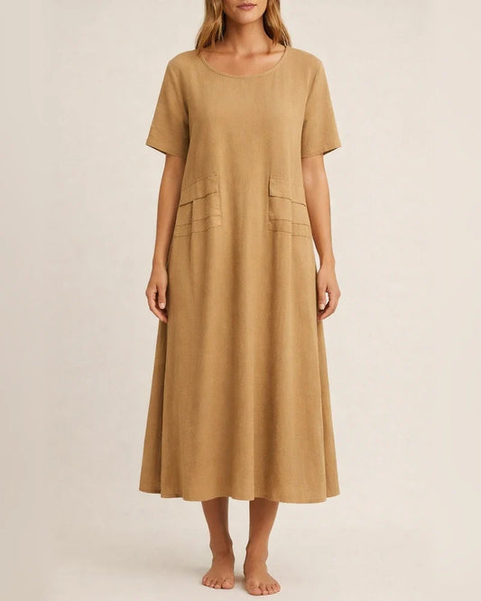 Women's Summer Loose Casual Cotton and Linen Solid Color Round Neck Short-sleeved Mid-length Dresses | JRSEE:ee08bf14-3336-404e-8ac8-e716696a253b