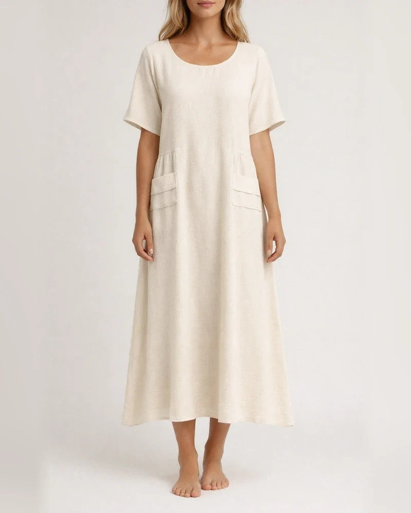 Women's Summer Loose Casual Cotton and Linen Solid Color Round Neck Short-sleeved Mid-length Dresses | JRSEE:45df5a3d-e3c4-4b2a-9a08-4b24b8d6e387