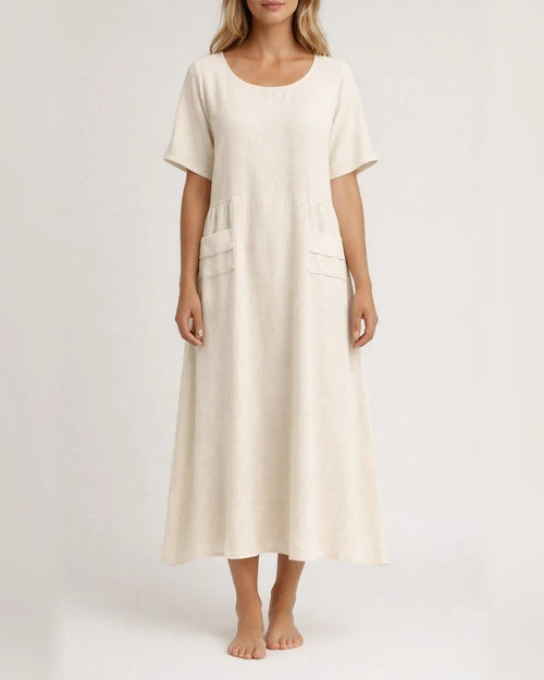 Women's Summer Loose Casual Cotton and Linen Solid Color Round Neck Short-sleeved Mid-length Dresses | JRSEE:45df5a3d-e3c4-4b2a-9a08-4b24b8d6e387