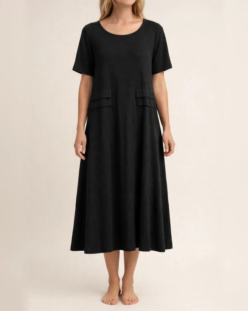 Women's Summer Loose Casual Cotton and Linen Solid Color Round Neck Short-sleeved Mid-length Dresses | JRSEE:0fb08516-dbab-44d0-a874-a11ba7823171