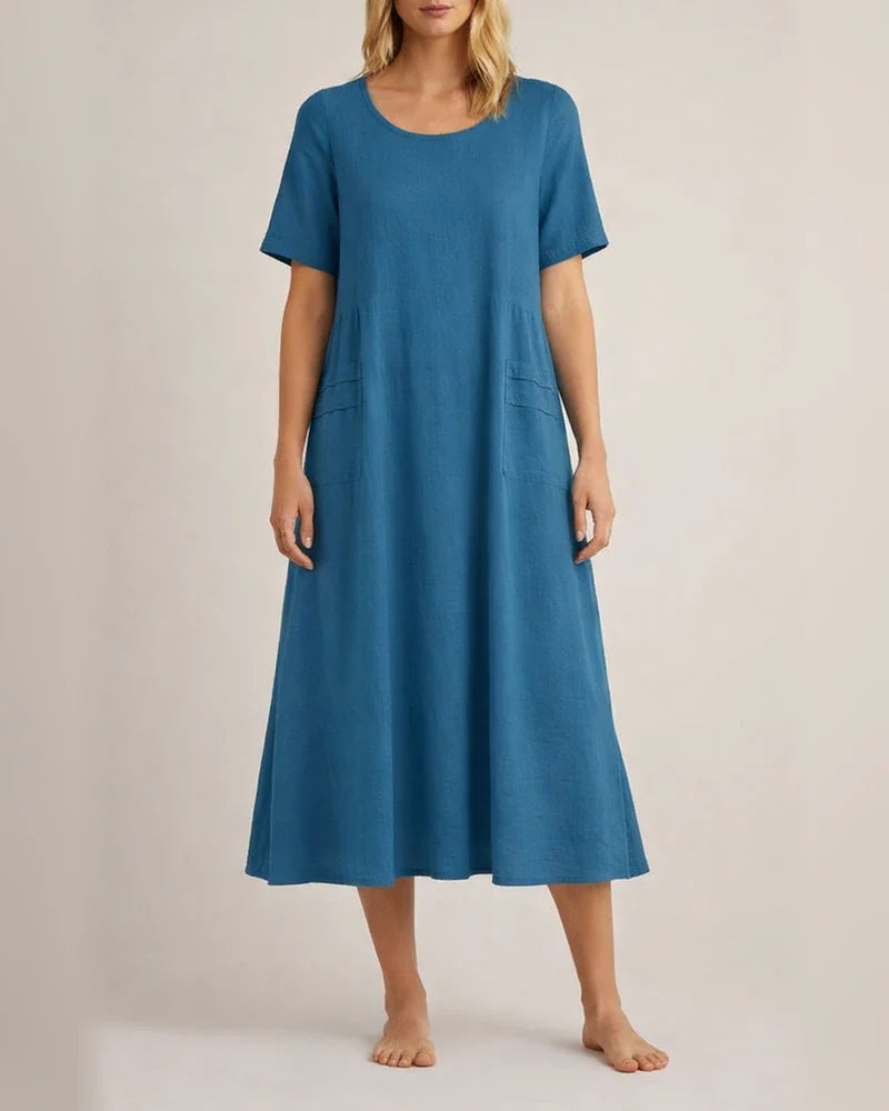 Women's Summer Loose Casual Cotton and Linen Solid Color Round Neck Short-sleeved Mid-length Dresses | JRSEE:e7c6d17d-a04e-46ae-80f4-a4ac6bd56b5b