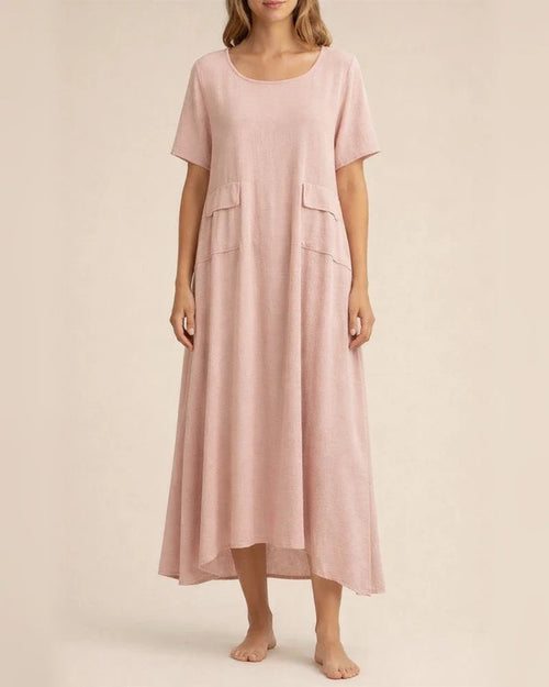 Women's Summer Loose Casual Cotton and Linen Solid Color Round Neck Short-sleeved Mid-length Dresses | JRSEE:ee0f9b53-5eed-4927-b89c-bbf794fcc5ba