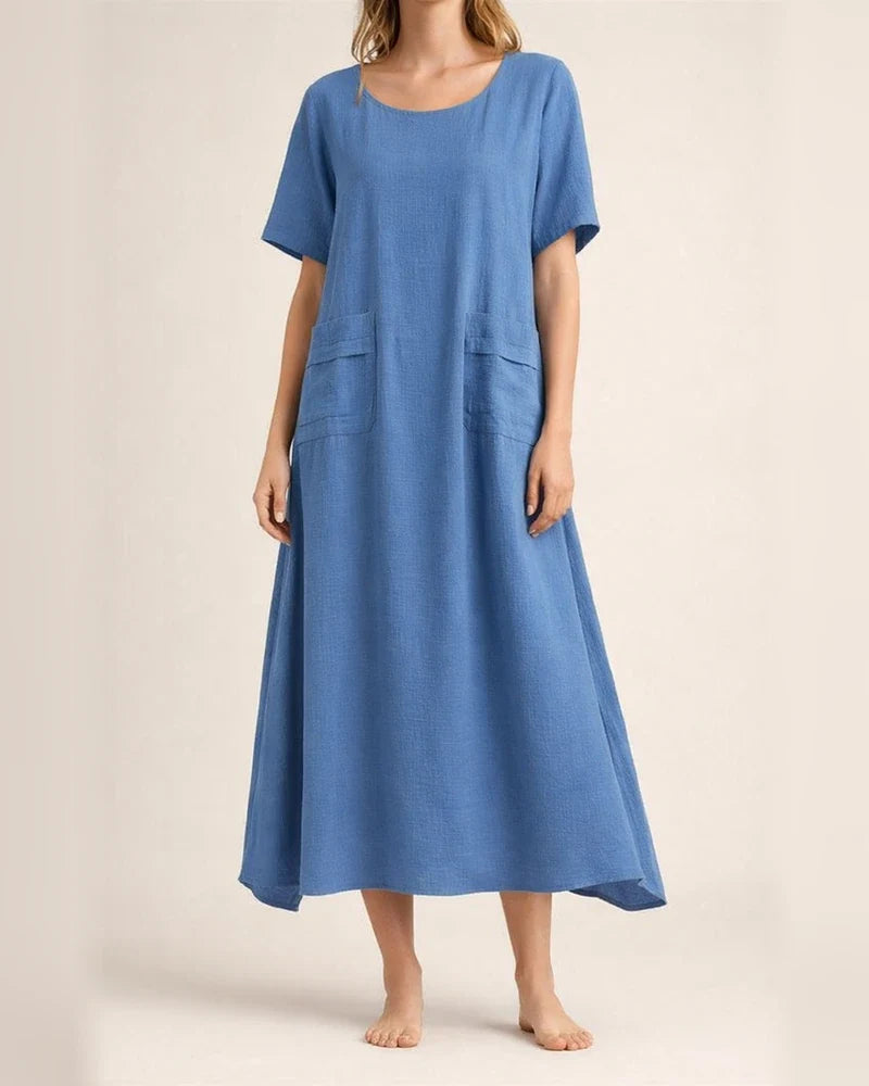 Women's Summer Loose Casual Cotton and Linen Solid Color Round Neck Short-sleeved Mid-length Dresses | JRSEE:934846f5-7932-4ee0-9cda-7dff3db8d51d