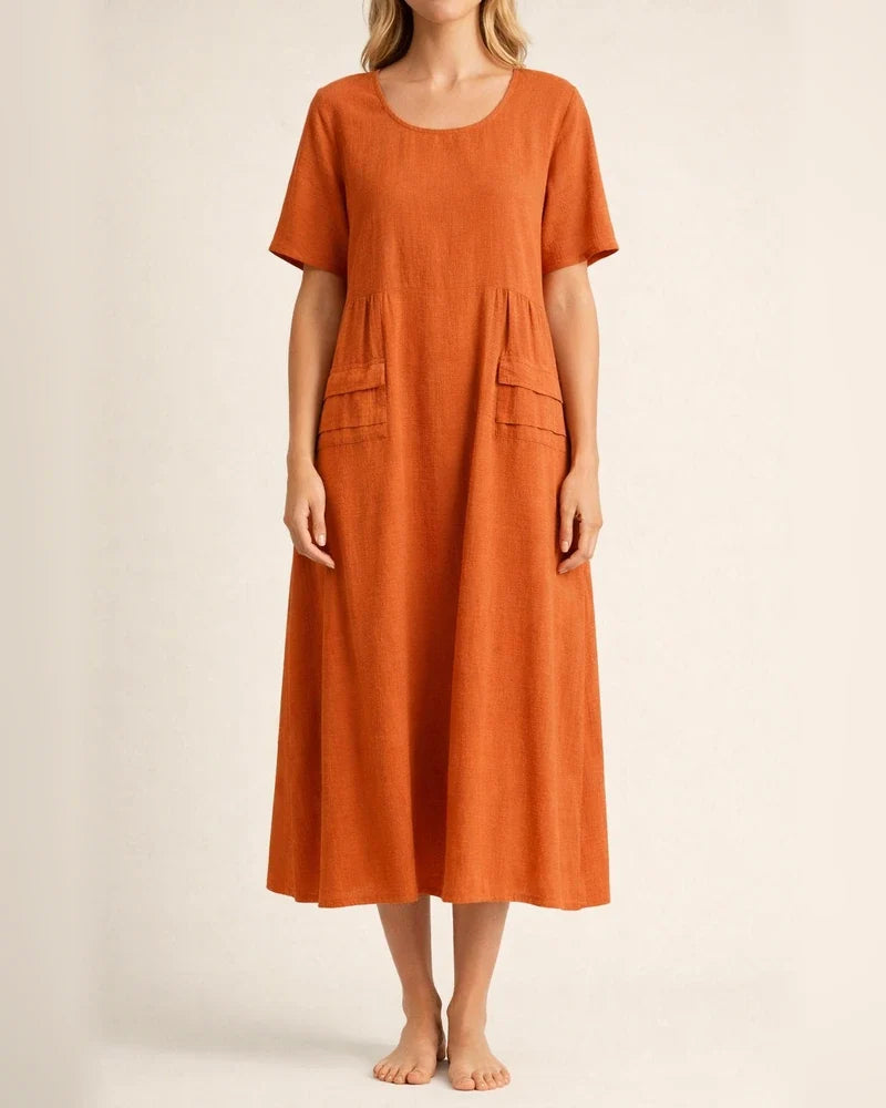 Women's Summer Loose Casual Cotton and Linen Solid Color Round Neck Short-sleeved Mid-length Dresses | JRSEE:5e1b7b34-7f79-4199-b863-dc38e582d024