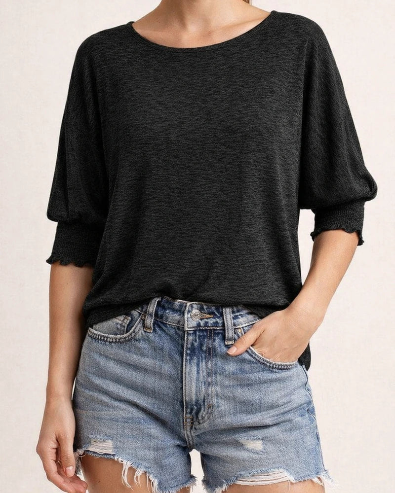Women's Summer New Fashion Loose Round Neck Cuffs Wrap Solid Color T-shirt | JRSEE:f615e2e0-9840-43b8-a19f-59499cdafe4e