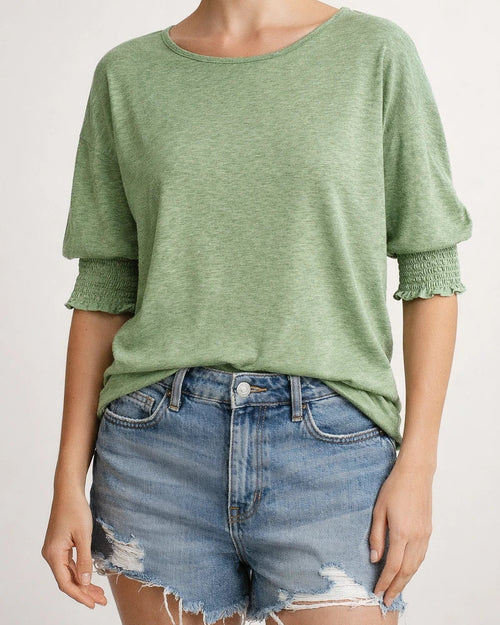 Women's Summer New Fashion Loose Round Neck Cuffs Wrap Solid Color T-shirt | JRSEE:b387f760-90ae-4400-8ae2-7c289e5d2c0b