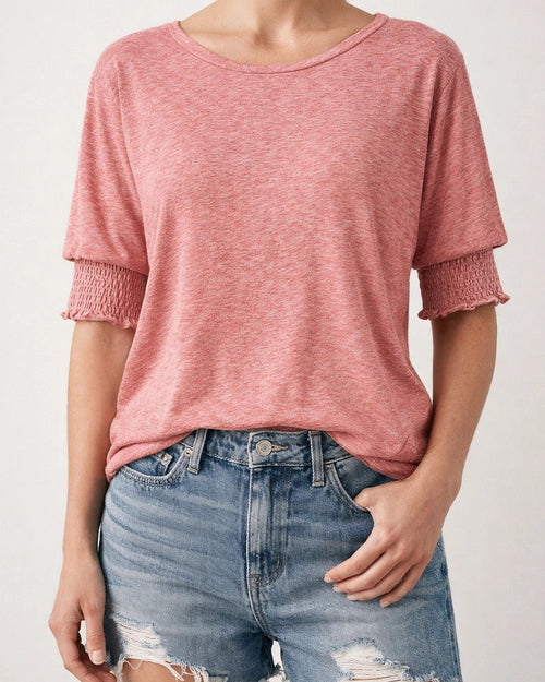 Women's Summer New Fashion Loose Round Neck Cuffs Wrap Solid Color T-shirt | JRSEE:6f2df0ec-3b39-4e47-b0f9-12378a15df0f