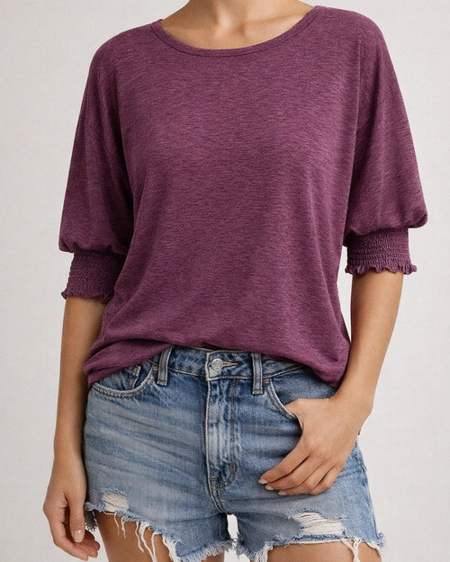 Women's Summer New Fashion Loose Round Neck Cuffs Wrap Solid Color T-shirt | JRSEE:fff9be33-939d-42d2-a6cb-e11cb0e4aa05