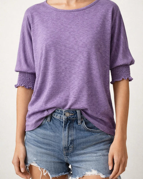 Women's Summer New Fashion Loose Round Neck Cuffs Wrap Solid Color T-shirt | JRSEE:da503faf-a2c4-4cbb-b0d6-46f256922153