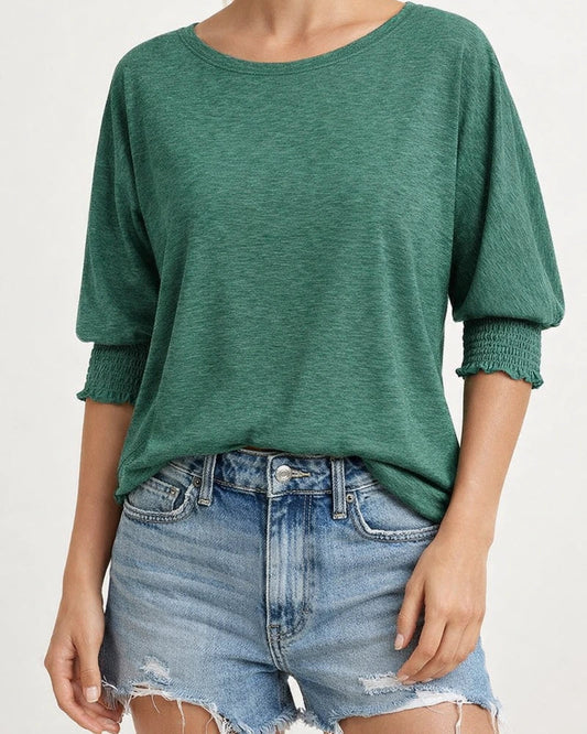 Women's Summer New Fashion Loose Round Neck Cuffs Wrap Solid Color T-shirt | JRSEE:607929a1-8b75-4696-901d-d4d8a4e08192