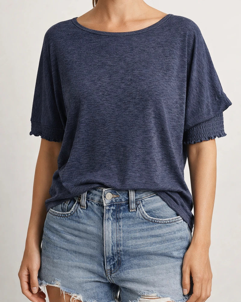 Women's Summer New Fashion Loose Round Neck Cuffs Wrap Solid Color T-shirt | JRSEE:42d431a4-5b82-441b-a107-fe80b8f91416