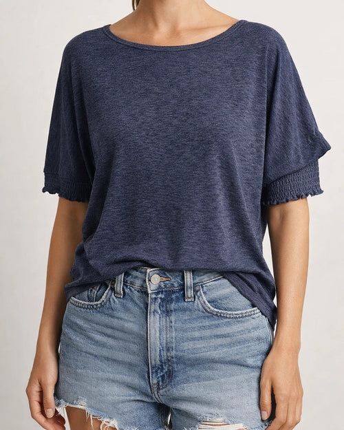 Women's Summer New Fashion Loose Round Neck Cuffs Wrap Solid Color T-shirt | JRSEE:42d431a4-5b82-441b-a107-fe80b8f91416
