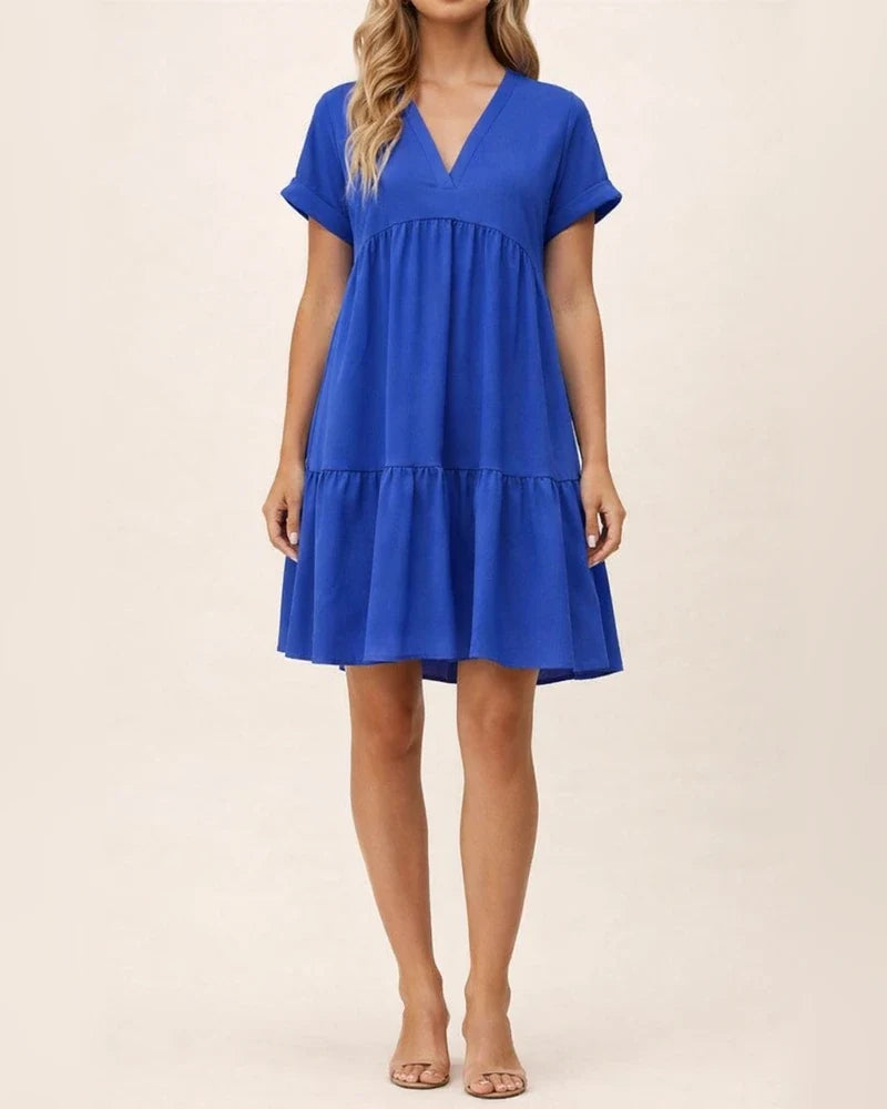 Women's Summer New Ladies Ruffled Hem Solid Color V-neck Short-sleeved Dresses | JRSEE:a0e9cefd-1864-43bf-9044-57a84f820f0f