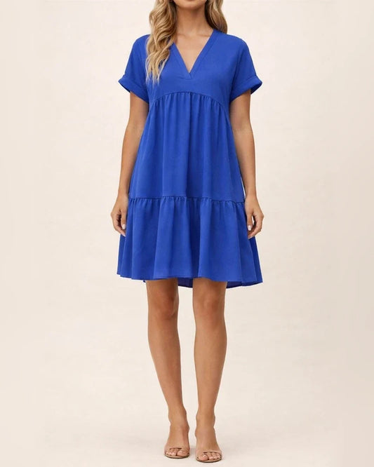 Women's Summer New Ladies Ruffled Hem Solid Color V-neck Short-sleeved Dresses | JRSEE:a0e9cefd-1864-43bf-9044-57a84f820f0f