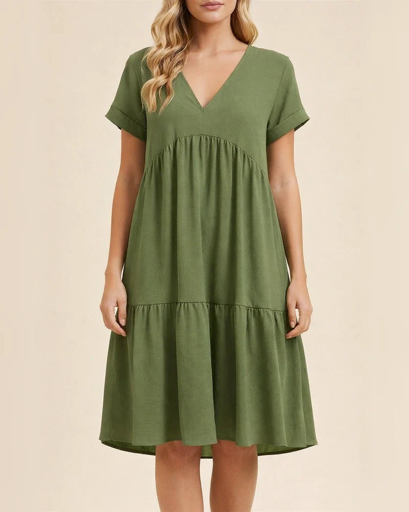 Women's Summer New Ladies Ruffled Hem Solid Color V-neck Short-sleeved Dresses | JRSEE:5f98a376-dbf6-4321-892a-6d9c883c5588