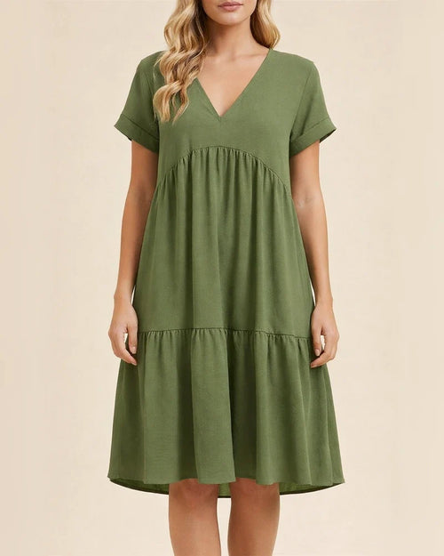 Women's Summer New Ladies Ruffled Hem Solid Color V-neck Short-sleeved Dresses | JRSEE:5f98a376-dbf6-4321-892a-6d9c883c5588
