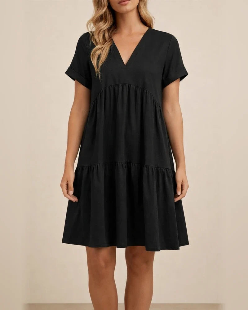 Women's Summer New Ladies Ruffled Hem Solid Color V-neck Short-sleeved Dresses | JRSEE:139382d2-01ef-4138-9503-3b1c446b43da
