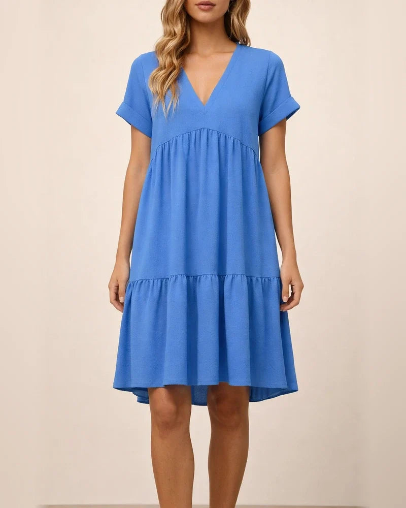 Women's Summer New Ladies Ruffled Hem Solid Color V-neck Short-sleeved Dresses | JRSEE:df844e3a-fcfb-4fc8-8e0d-b90cb9c7d8b2
