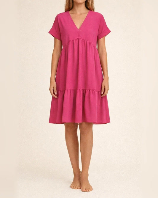 Women's Summer New Ladies Ruffled Hem Solid Color V-neck Short-sleeved Dresses | JRSEE:b7e794c7-2ef1-4947-953d-4f0e74dce58e