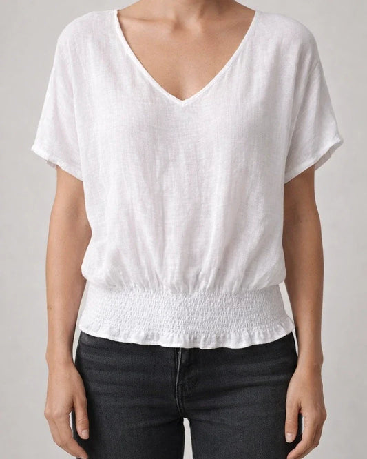 Women's Summer New Loose T-shirt V-neck Casual Cotton and Linen Solid Color Tops | JRSEE:e5387a09-1bea-4387-b599-e1aa60544dfc