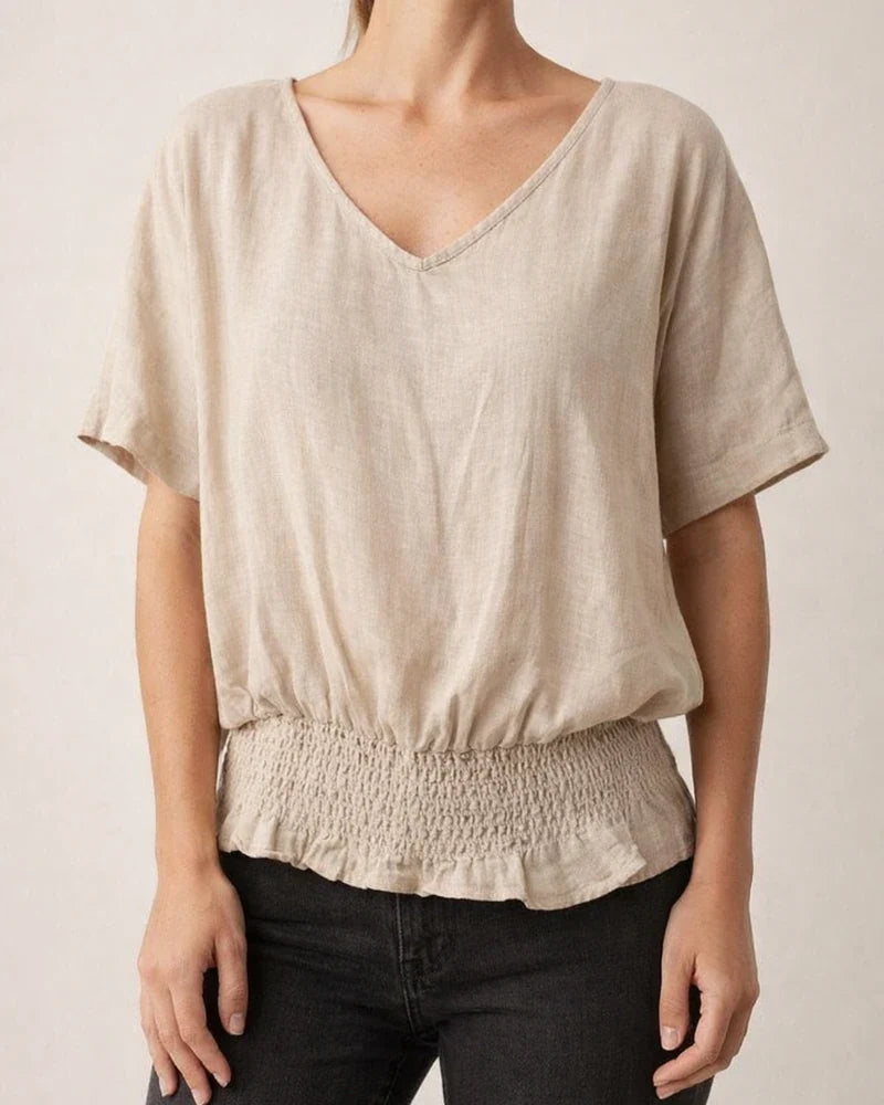 Women's Summer New Loose T-shirt V-neck Casual Cotton and Linen Solid Color Tops | JRSEE:0b3405cd-deea-4532-8fb6-ea6a4acbbcff
