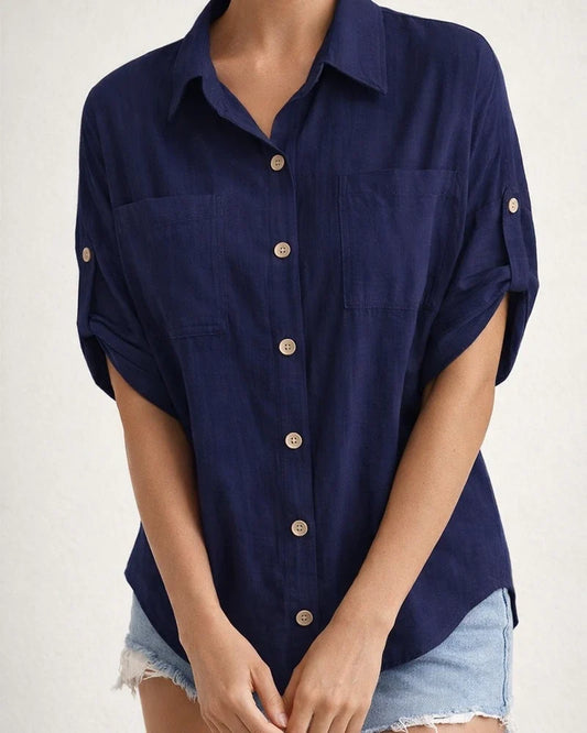 Women's Summer New Medium-sleeved Solid Color Pocket Lapel Single-breasted Loose Type Medium-length Cotton Linen Shirt | JRSEE:026bc34e-b99b-4608-876a-be6317bbaad1