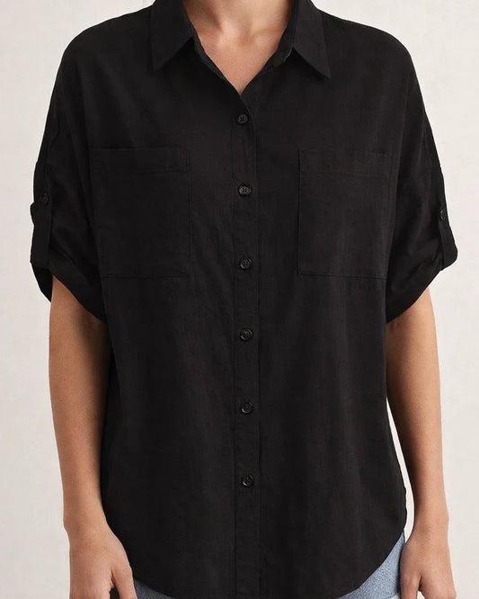 Women's Summer New Medium-sleeved Solid Color Pocket Lapel Single-breasted Loose Type Medium-length Cotton Linen Shirt | JRSEE:6c300c43-a072-4545-8b7f-bb1cbd19ea72
