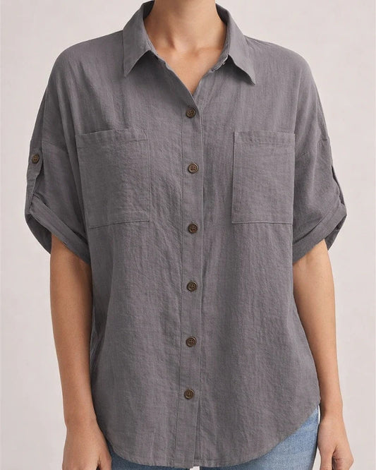 Women's Summer New Medium-sleeved Solid Color Pocket Lapel Single-breasted Loose Type Medium-length Cotton Linen Shirt | JRSEE:429b2b90-9c02-49ac-b6c8-47debd293fc3