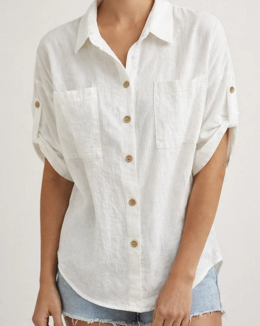 Women's Summer New Medium-sleeved Solid Color Pocket Lapel Single-breasted Loose Type Medium-length Cotton Linen Shirt | JRSEE:97e39a85-237f-4ddd-82c6-fb8f03dc7c98