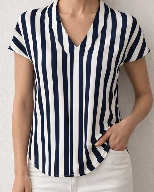 Women's Summer New Striped Loose Printed Top Casual V-Neck Shirt | JRSEE:71f3098e-871d-4aca-948c-fa3ff3279879