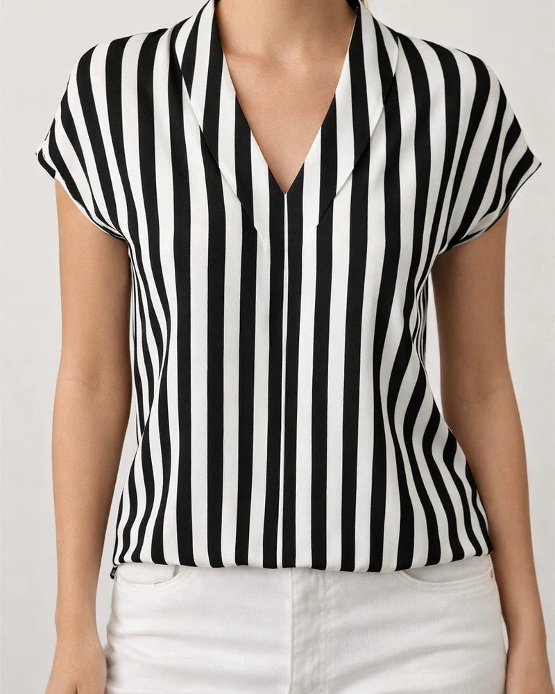 Women's Summer New Striped Loose Printed Top Casual V-Neck Shirt | JRSEE:f97b07c3-f86d-48c7-9928-b311bbacfd7f
