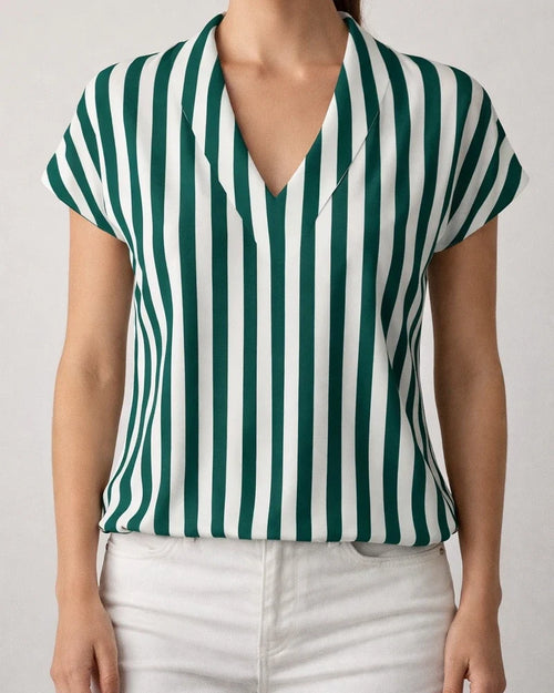 Women's Summer New Striped Loose Printed Top Casual V-Neck Shirt | JRSEE:ac89046f-171b-4c70-8458-f59040b8f833