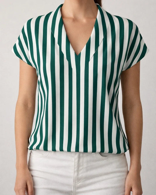 Women's Summer New Striped Loose Printed Top Casual V-Neck Shirt | JRSEE:ac89046f-171b-4c70-8458-f59040b8f833