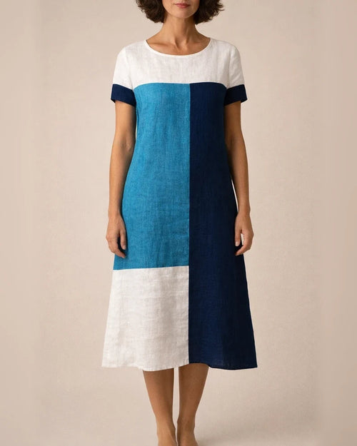 Women's Summer New Trend Personalized Bamboo Linen Check Print Round Neck Short-sleeved Casual Wind A-line Dress Dress | JRSEE:af759d62-b213-4089-8be8-95fcb6816f79