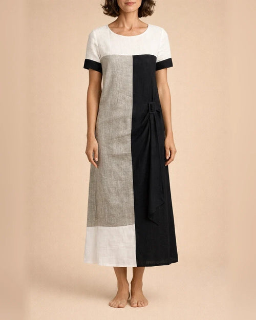 Women's Summer New Trend Personalized Bamboo Linen Check Print Round Neck Short-sleeved Casual Wind A-line Dress Dress | JRSEE:1f3ecd0e-9092-4365-8032-d503329c1030