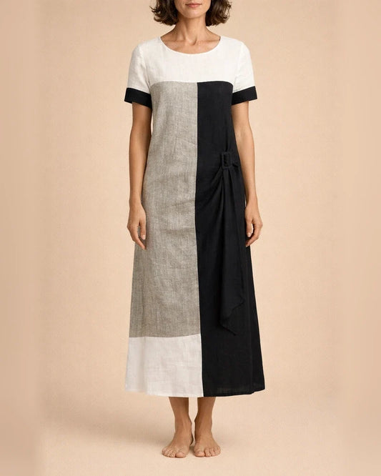Women's Summer New Trend Personalized Bamboo Linen Check Print Round Neck Short-sleeved Casual Wind A-line Dress Dress | JRSEE:1f3ecd0e-9092-4365-8032-d503329c1030
