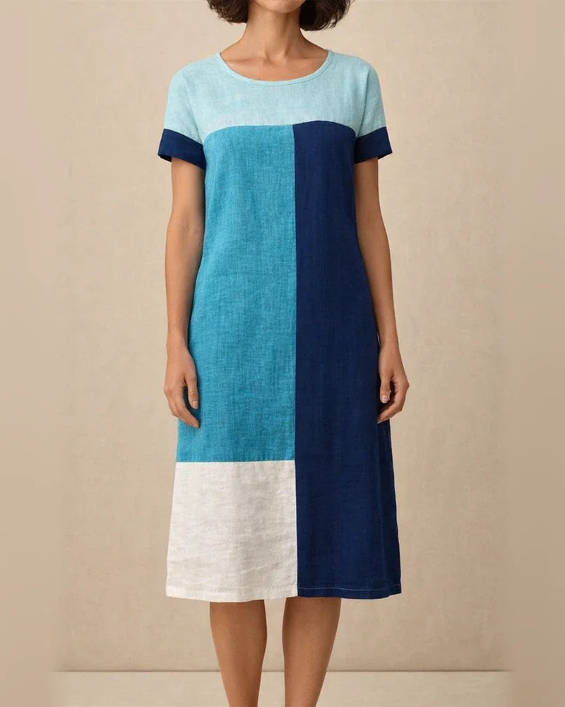 Women's Summer New Trend Personalized Bamboo Linen Check Print Round Neck Short-sleeved Casual Wind A-line Dress Dress | JRSEE:6405ff57-9fd1-47ad-9e71-1007b2027590