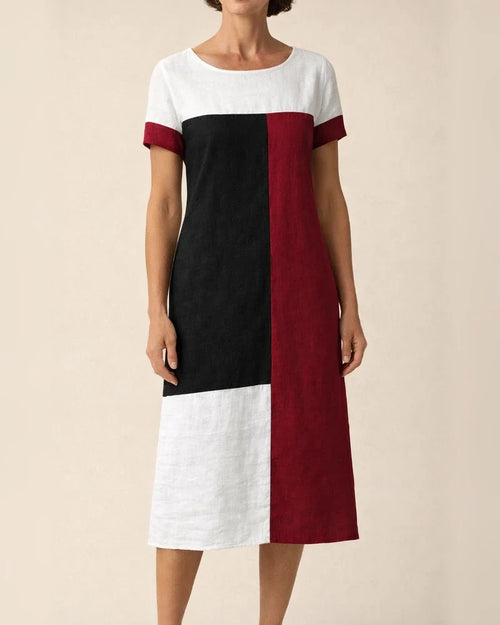 Women's Summer New Trend Personalized Bamboo Linen Check Print Round Neck Short-sleeved Casual Wind A-line Dress Dress | JRSEE:970591d5-3fea-4680-87ec-d0c74305ad54