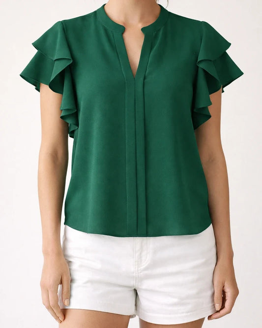 Women's Summer New V-neck Casual Double Ruffled Sleeves Solid Color Shirt Tops | JRSEE:8ab7e15d-3a1c-465e-bc22-fca24f7b83f2