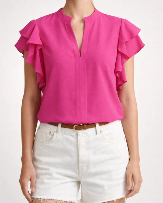 Women's Summer New V-neck Casual Double Ruffled Sleeves Solid Color Shirt Tops | JRSEE:8536de33-f59e-4915-8411-67059915d21a
