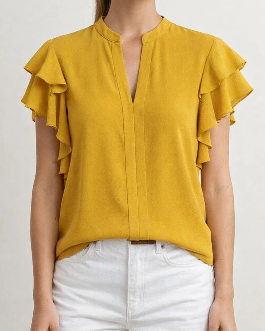 Women's Summer New V-neck Casual Double Ruffled Sleeves Solid Color Shirt Tops | JRSEE:da8d3863-415a-4578-954f-dda243156c98