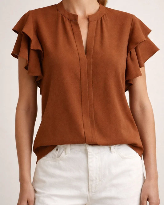 Women's Summer New V-neck Casual Double Ruffled Sleeves Solid Color Shirt Tops | JRSEE:2ef92dd6-5ba0-4fa9-bf6c-e137cf175f0a