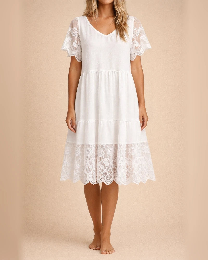 Women's Summer New V-neck Lace Lace Short-sleeved White Dresses | JRSEE:5e3c6931-04e1-46fa-8cc7-a7faeed70d0f