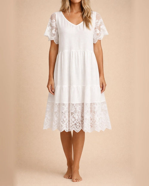 Women's Summer New V-neck Lace Lace Short-sleeved White Dresses | JRSEE:5e3c6931-04e1-46fa-8cc7-a7faeed70d0f
