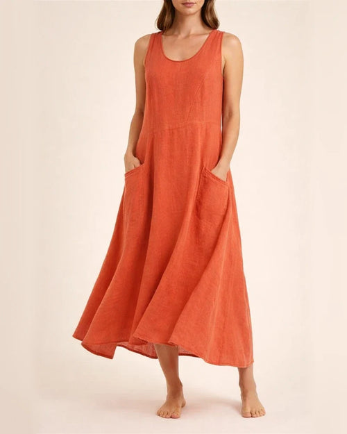 Women's Summer Round Neck Cotton Linen Dress Solid Color Sleeveless Dresses | JRSEE:34adb103-5de9-49eb-973e-af37ac047ea2
